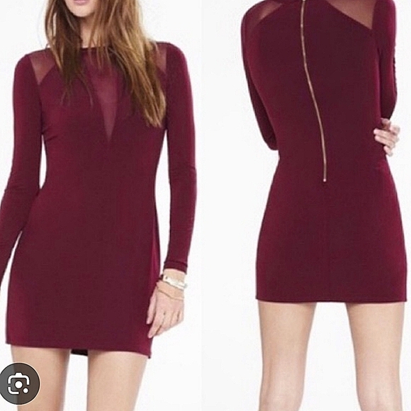 Express Dresses & Skirts - Express Women's Burgundy Sheer Mesh Accent Stretchy Zip Up Dress